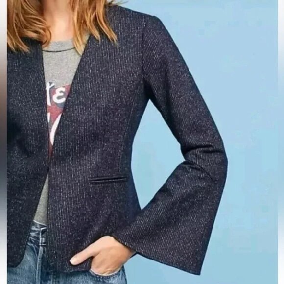 CARTONNIER 14 Navy Blue Pinstripe Wool Blazer Jacket Bell Sleeve Flared Cuffs - Picture 1 of 8